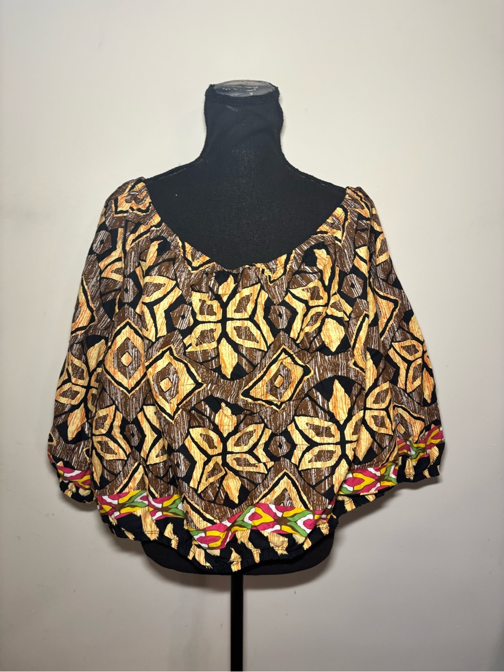 Ashley Stewart Gold and Brown Mosaic Puff-Sleeve Tunic